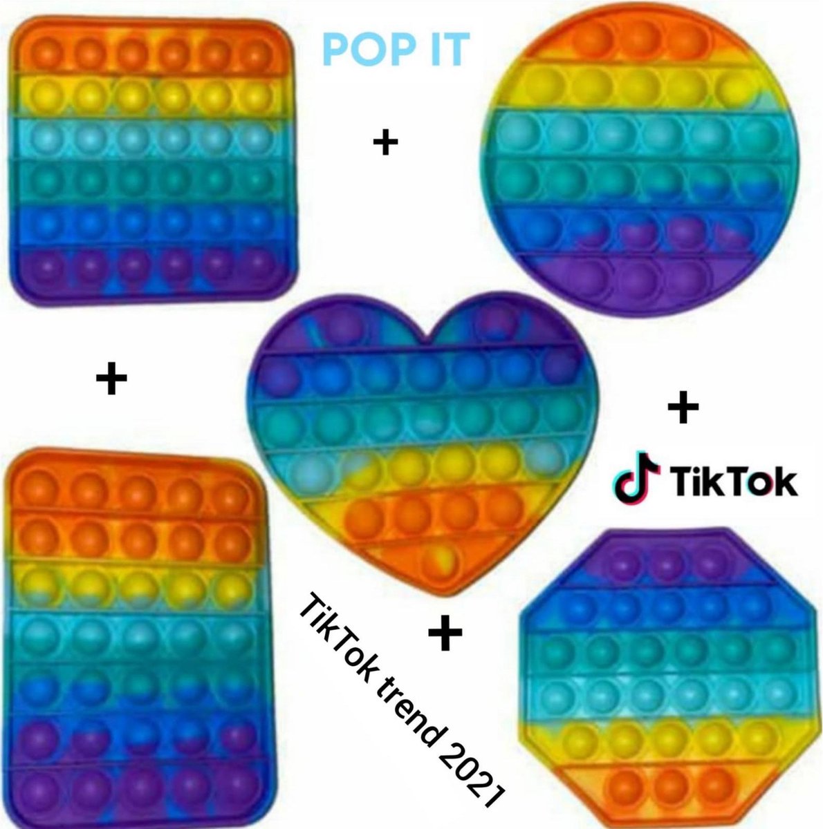 Pop it fidget toys (pakket) 5 in 1 Rainbow/Regenboog Vierkant + Rond + Rechthoek + Achthoek en een Hartje | Tiktok trend 2021 | Push bubble| Educatief Speelgoed | Anti stress | Speeltje | Verjaardag cadeau